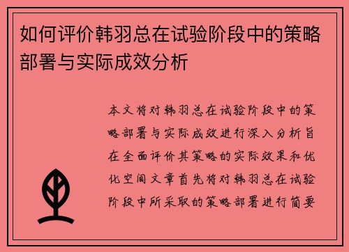 如何评价韩羽总在试验阶段中的策略部署与实际成效分析